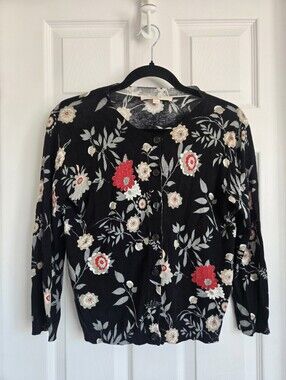 Loft Black Floral Button-Up Cardigan with Red Accents In Size XS